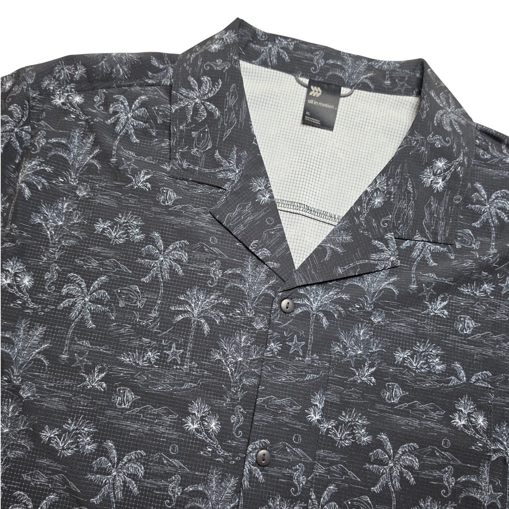 All In Motion Mens XL Tropical Palm Print Camp Shirt Black Stretch Button Up